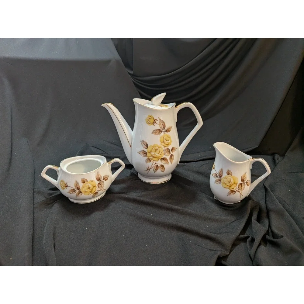 Vintage Porcelain Tea Set – Yellow Floral – Teapot, Creamer, Sugar Bowl (No Lid)